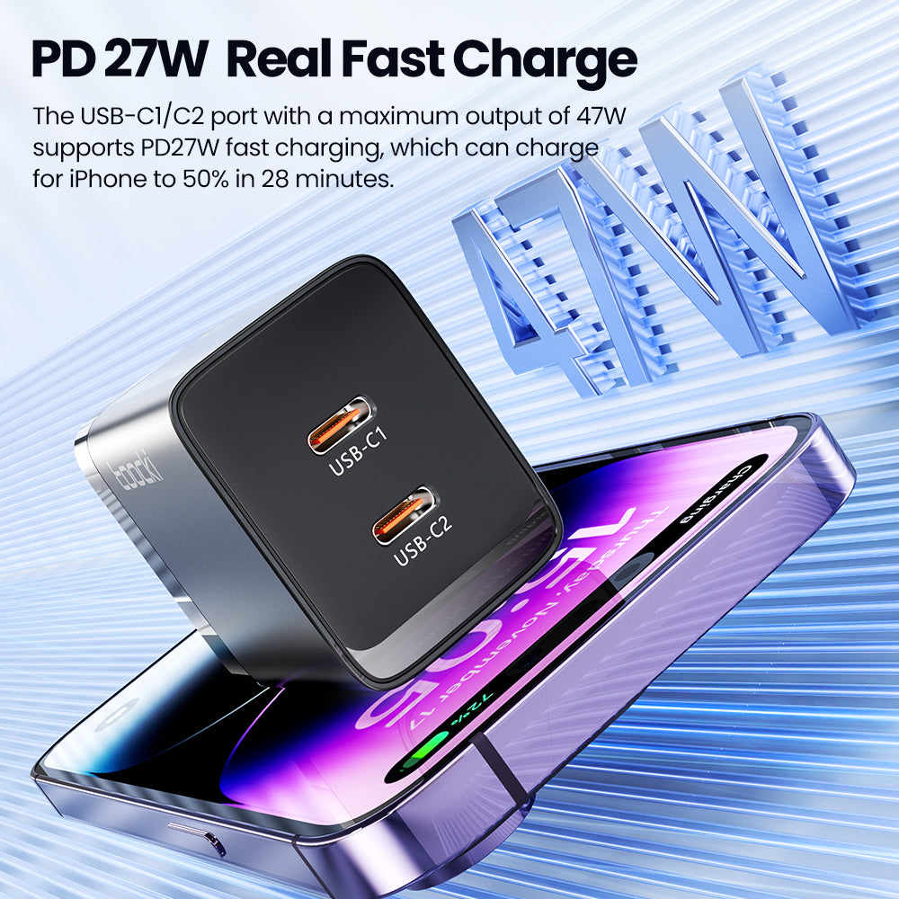 TOOCKI P047AB10A2C0 PD 47W GaN Wall Charger Dual Type-C Fast Charging Power Adapter TOOCKI P047AB10A2C0 PD 47W GaN Wall Charger Dual Type-C Fast Charging Power Adapter
